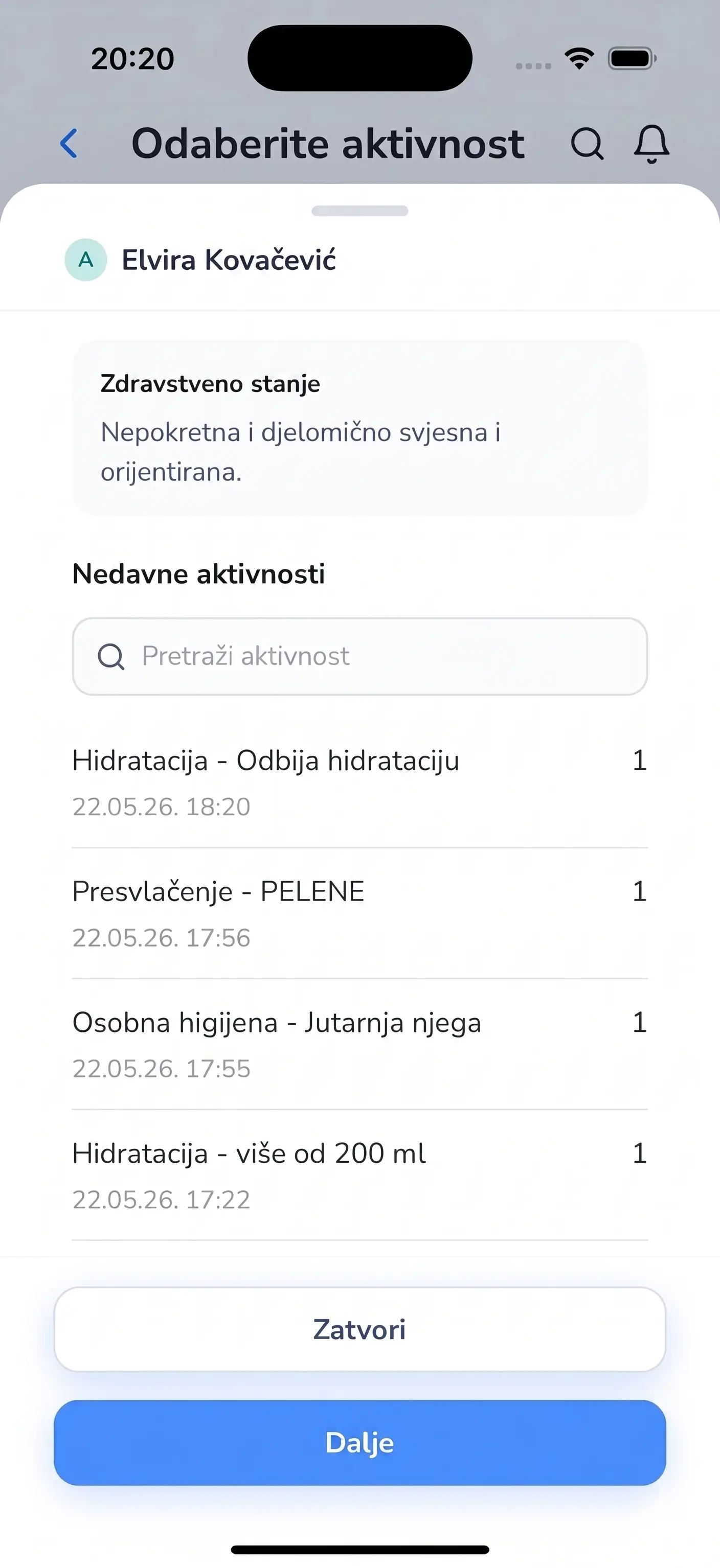 DomPlus mobilna aplikacija — odabir aktivnosti za korisnika doma za starije